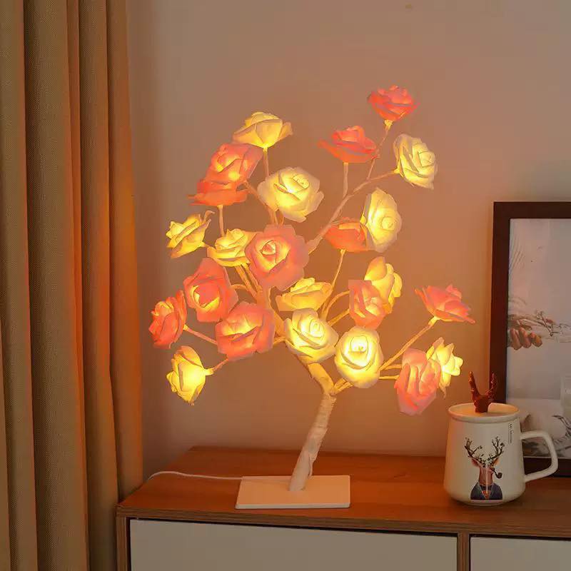 Pink & White Roses Tree Table Lamp, Lighted Tabletop Tree for Home Wedding Bedroom Decoration Gift